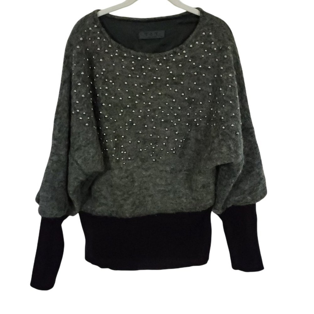 TOV Holy Wool Beaded Sweater Women's 42 (Medium) Gray Black Long Sleeve Lined